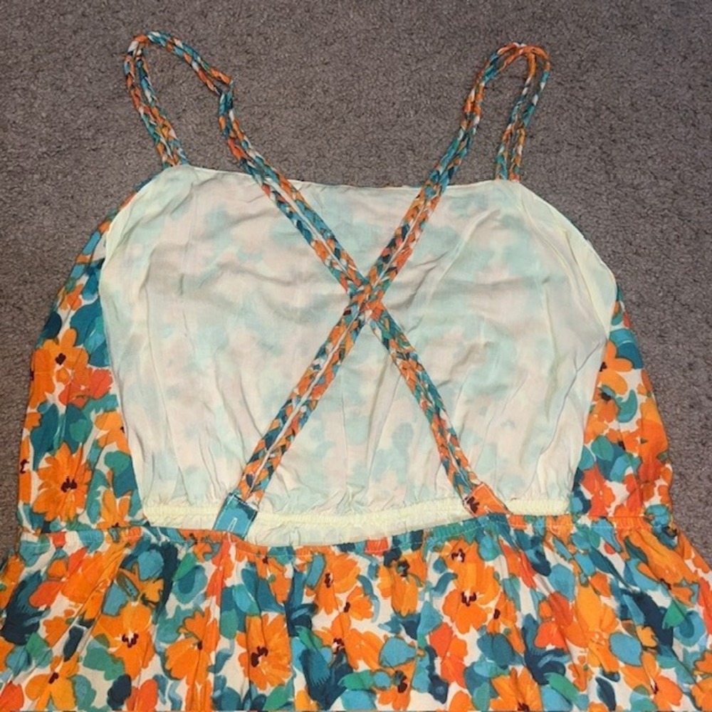 ModCloth Twists and Tendrils Overall Tiered Midi Dress Floral Orange Green 2X - Picture 7 of 9